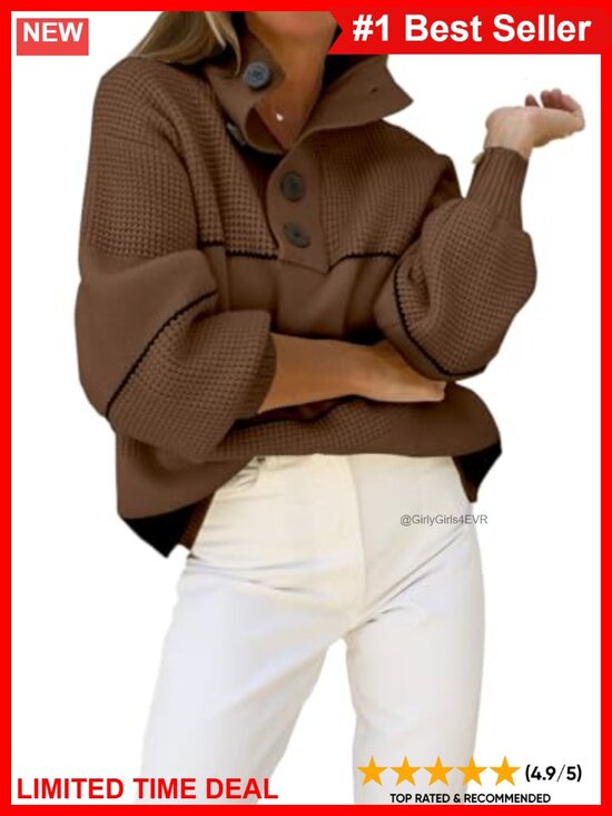 Sweaters - Waffle Knit Sweater 1/2 Button Polo Collared Pullover Striped Slouchy Oversized
